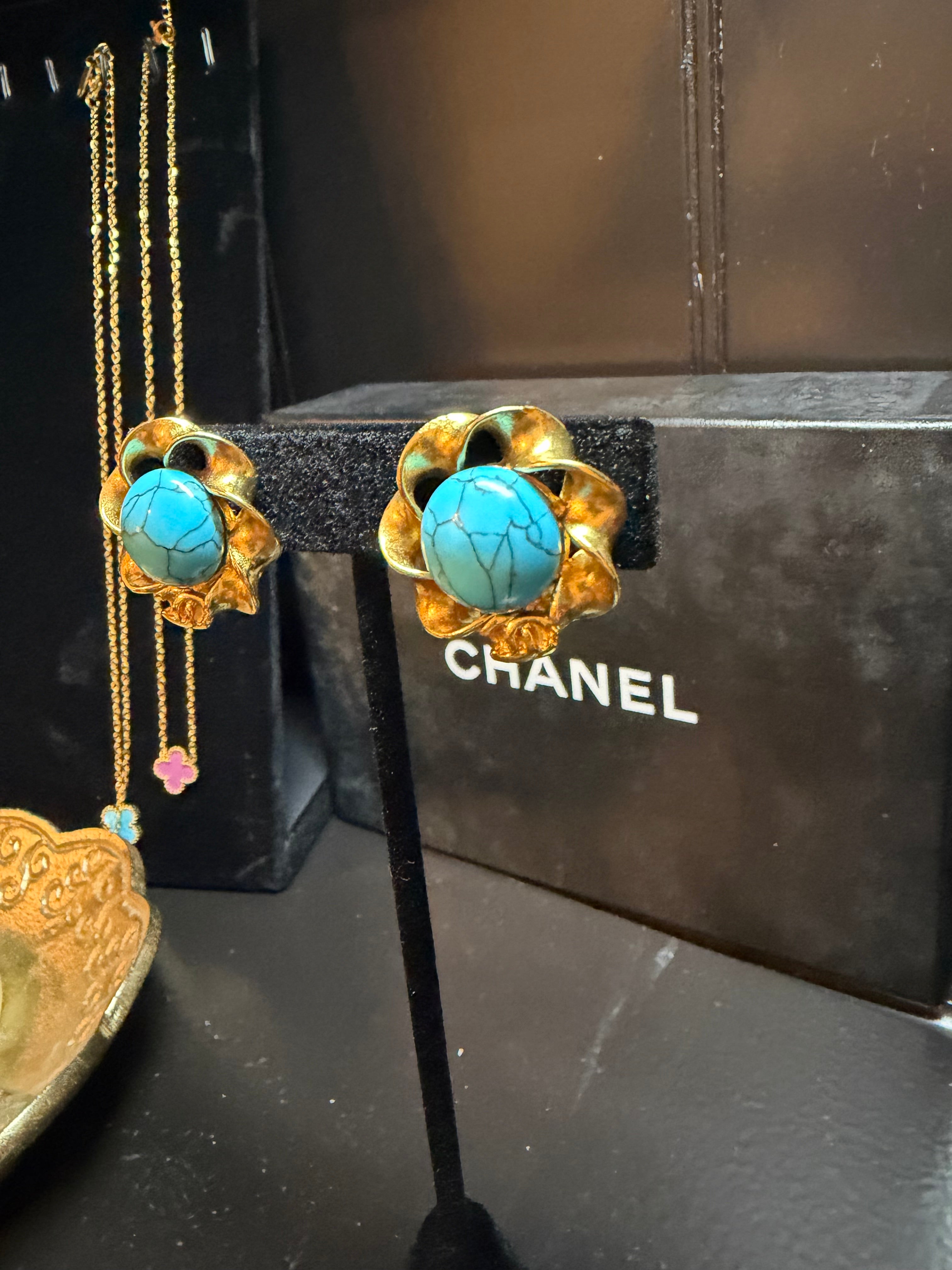 Chanel Teal Clip On Earrings